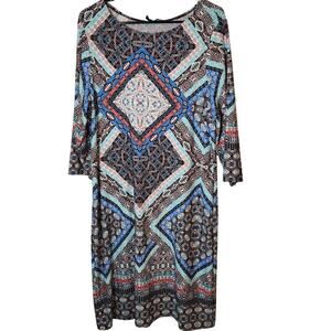 Patchwork Boho Dress Womens Sz 16 Black Multi Print Half Sleeve Midi Be Chetta
